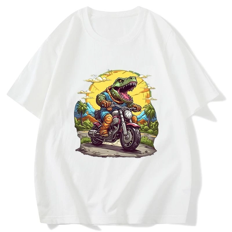 

Trendy Brand Retro Fashion Graffiti Dinosaur Pattern Short Sleeve Motorcycle Locomotive Printing Pure Cotton T-shirt Men