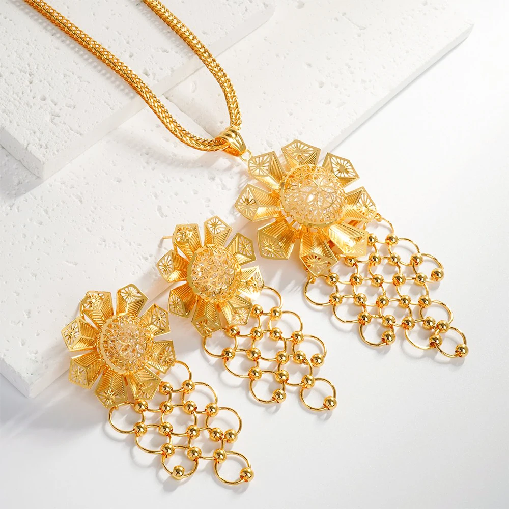 

Luxury Gold Color Flower Jewelry Dubai Fashion Chain Necklace Drop Earrings Tassel Set Trendy Women Jewelry Set Daily Party