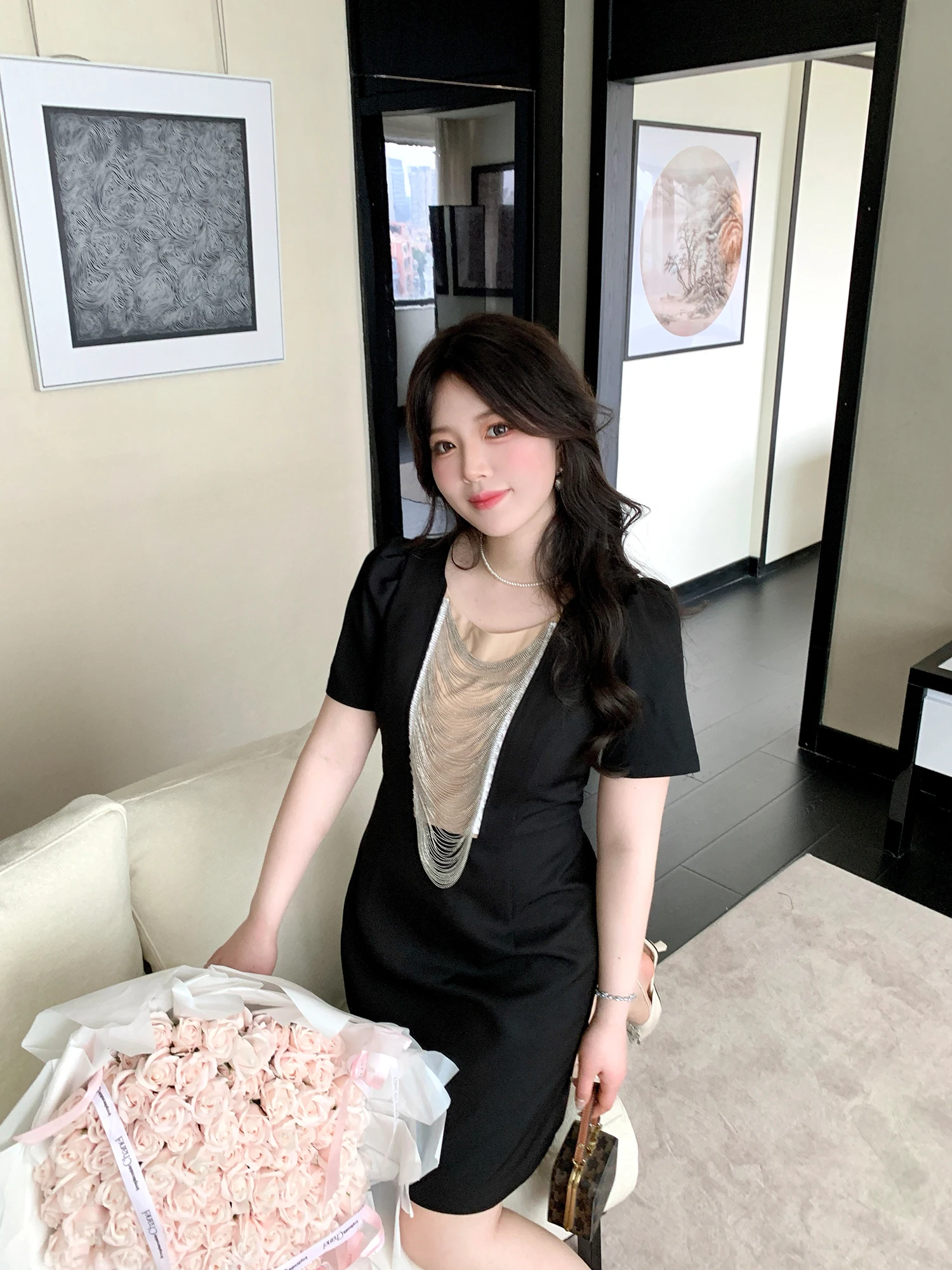 

MB plus Size Women's Short A-Line Dress Luxury Vintage Fringe Bead Chain Detail Polyester Fiber Summer Ball Gown Dress