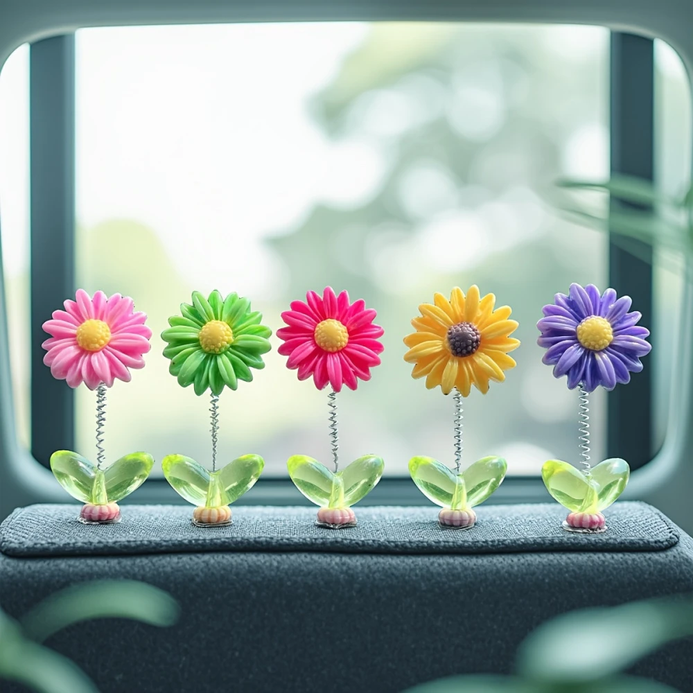 5 Mixed-Color Cute Little Flower Car Dashboard Decorations, Cute Little Flower Car Ornaments with Moving Heads, Floral Dashboard and Rearview Mirror Decorations, Resin Material