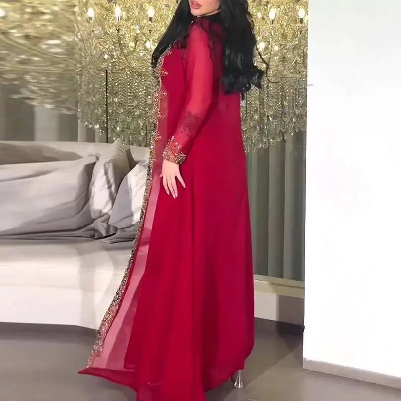 Robe de bal rouge style bohémien pour femmes, col en U, droite, élégante et magnifique, robes de soirée perlées avec Cardigan Long