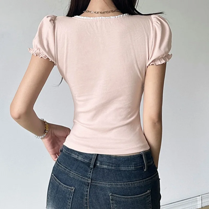 Palace Style Square Neck Bubble Sleeve Top with Sweet and Fresh Pleats Bow Tie Straps Waist Cinching Slimming Short Sleeved