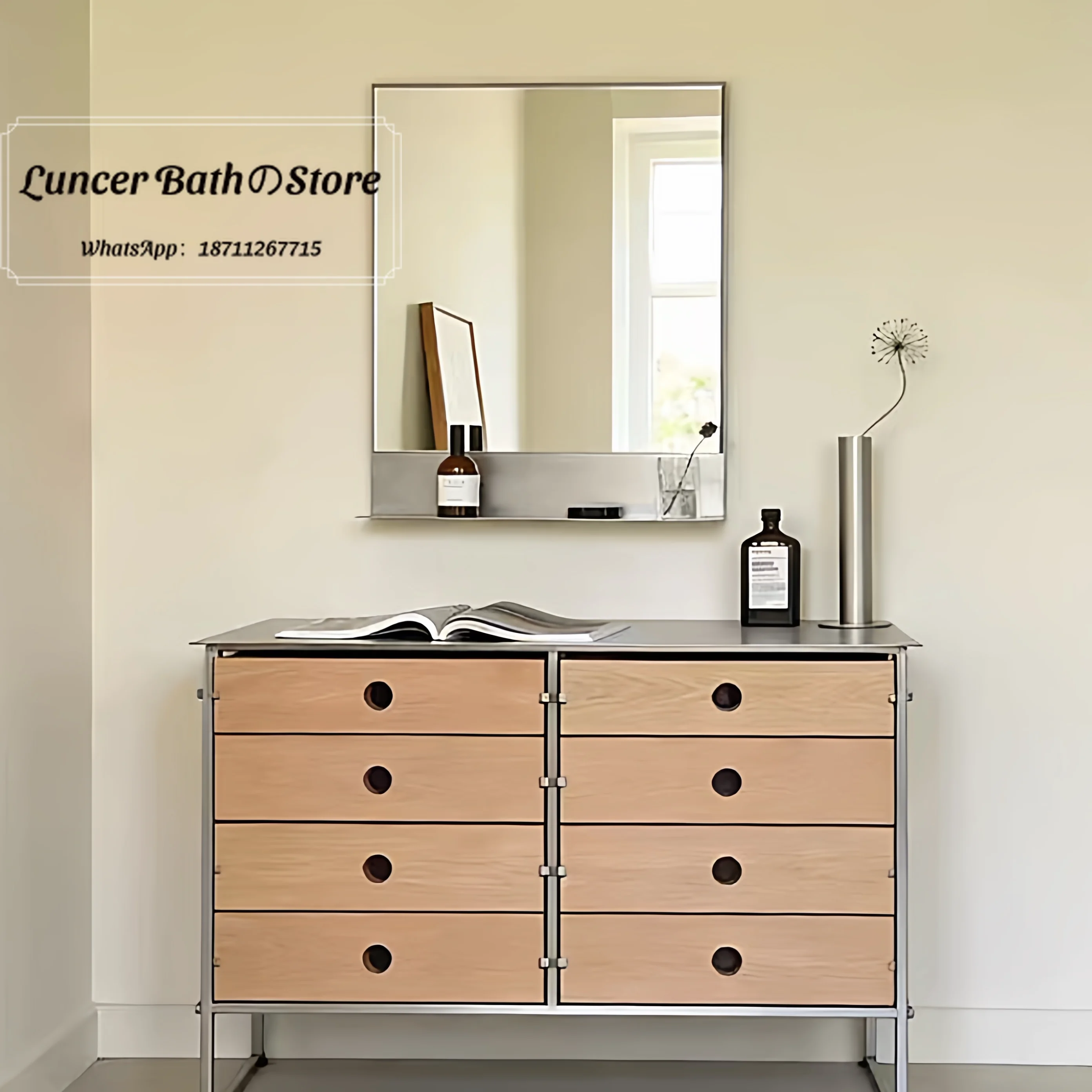 Medieval stainless steel makeup mirror light luxury bathroom mirror simple bathroom wall mirror toiletries storage rack