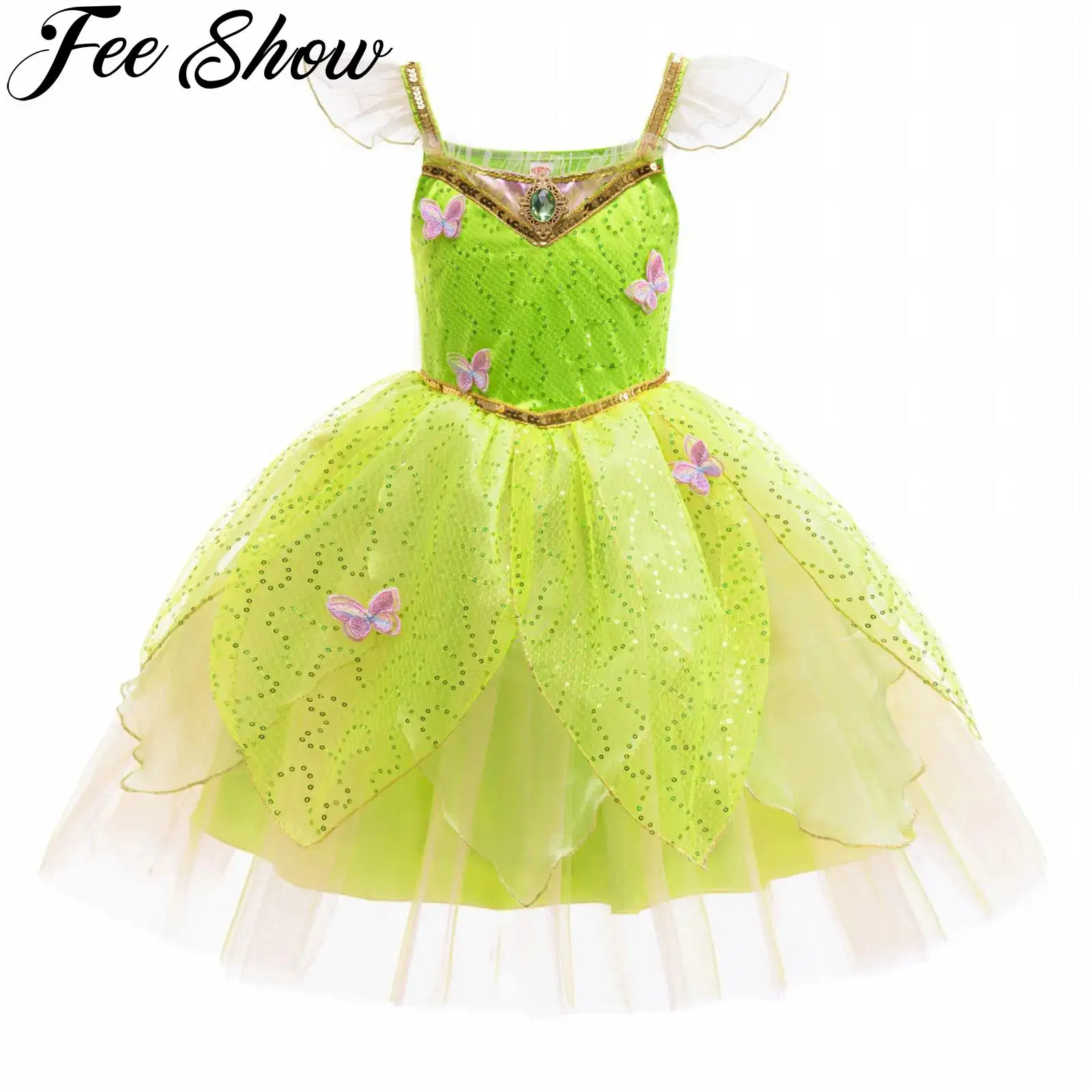 Kids Girls Green Fancy Fairy Halloween Costume Sequins Flying Sleeve Rhinestone Mesh Puffy Dress Birthday Party Cosplay Dress Up