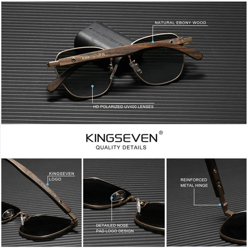 Imagen 2 del producto KINGSEVEN, gafas de sol de madera de ébano mejoradas de calidad, gafas de sol polarizadas con protección UV400 para hombre, gafas Retro para mujer