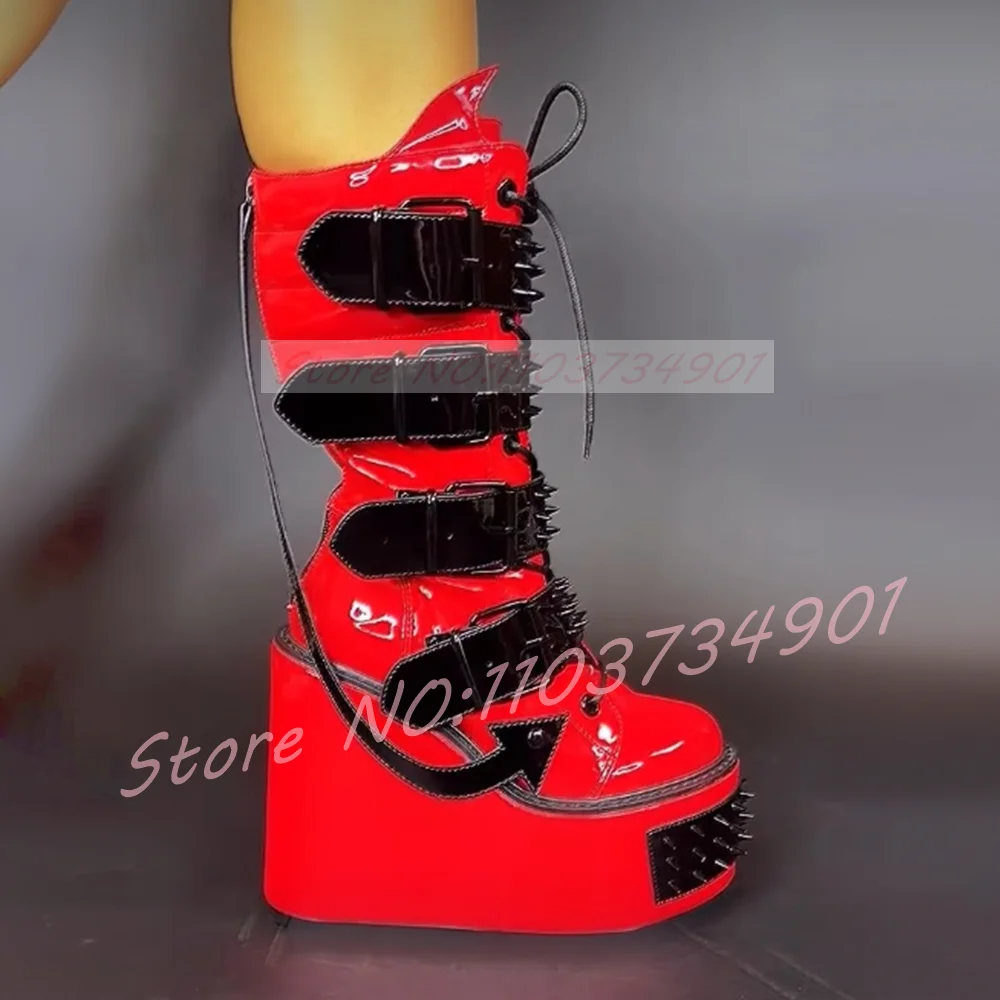 Red Black Spike Mid Calf Chunky Platform Boots Women Buckle Strap Round Toe Wedge Gothic Boots Rivet Stud On Strap and Toe Shoes
