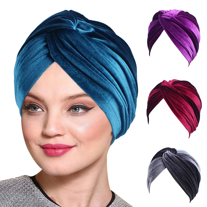 Women Velvet Bandana Hat Cross Turban Inner Hijab Caps Headband Autumn Winter Warm Headwear Casual Streetwear Muslim Indian Hats