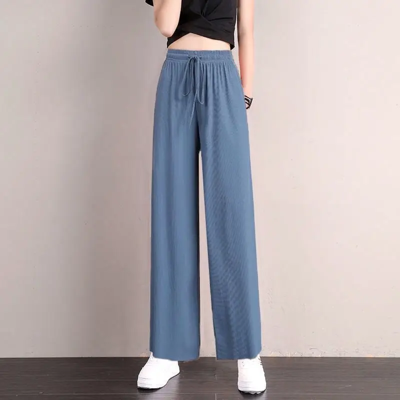 

Women's Summer New High Waist Drawstring Wide Leg Pants Fashion Academy Style Ice Silk Candy Color Pocket Casual Versatile Pants