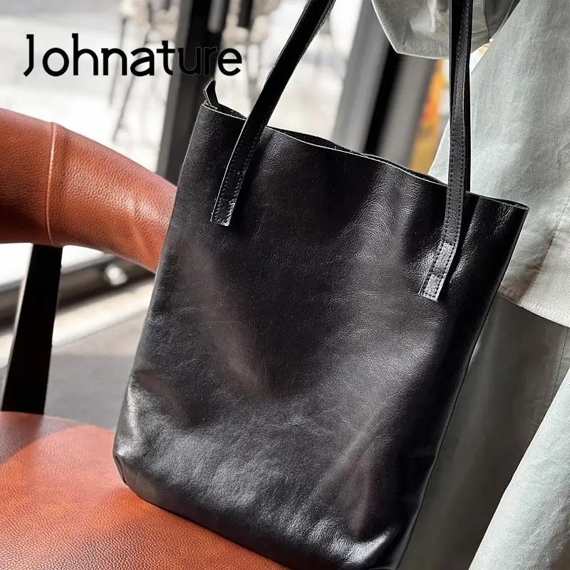 Johnature 2024 New Simple Tote Bag Genuine Leather Large Capacity Women Shoulder Bags Solid Color Real Cowhide Shopping Bags