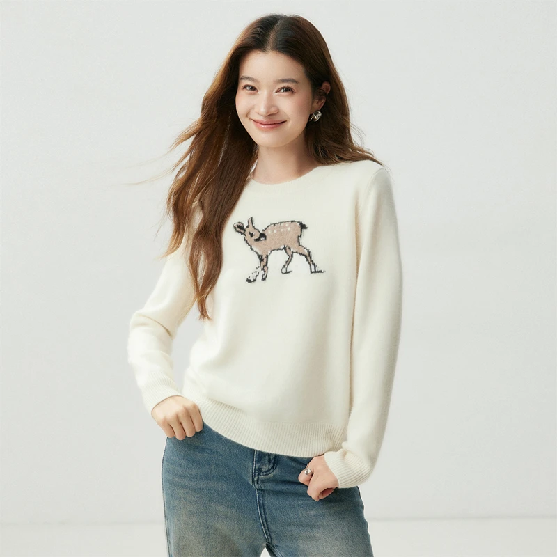 Autumn Winter Women's 100% Cashmere Sweater Pullover O-Neck Front Fawn Motif Jacquard Knit Classic Understated Casual Knit Top