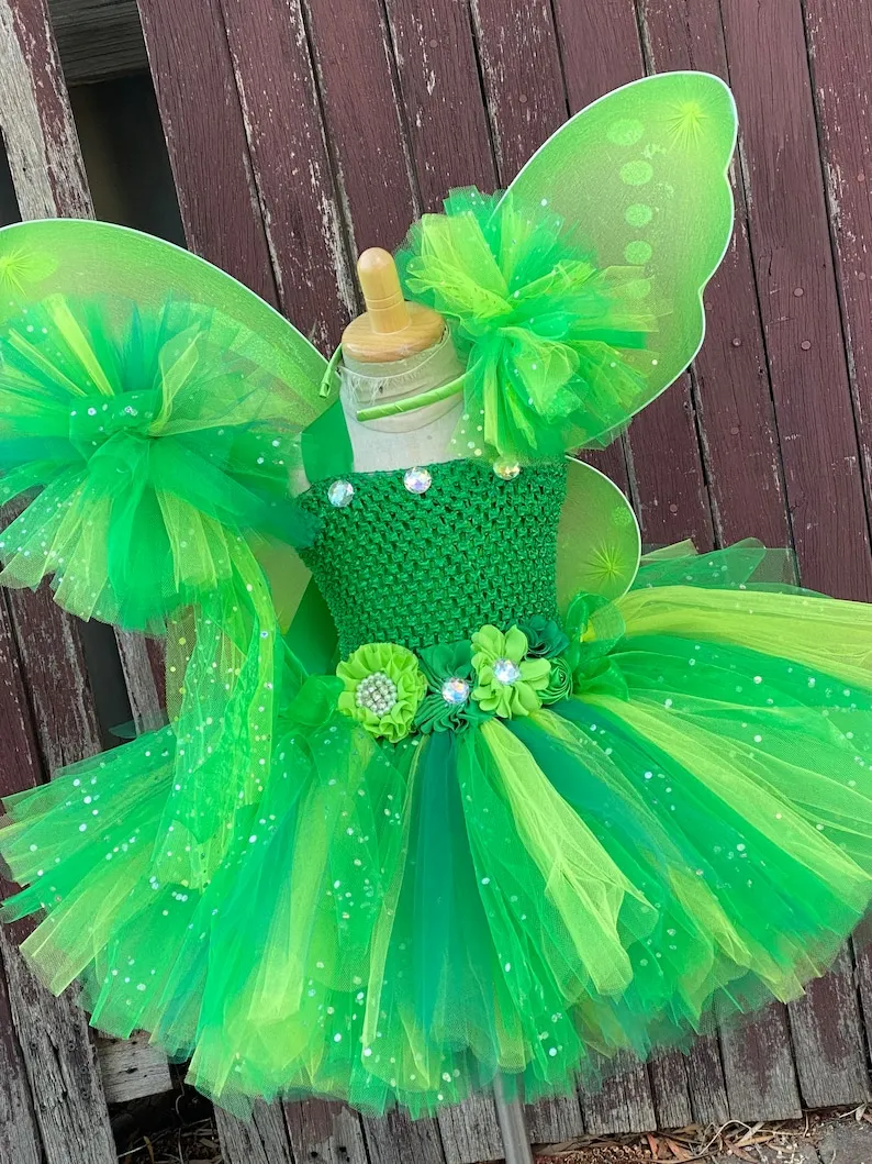 Girls Green Glitter Flower Dress Kids Butterfly Fairy Tutu Dress With Wing Stick Children Birthday Christmas Costume Party Dress