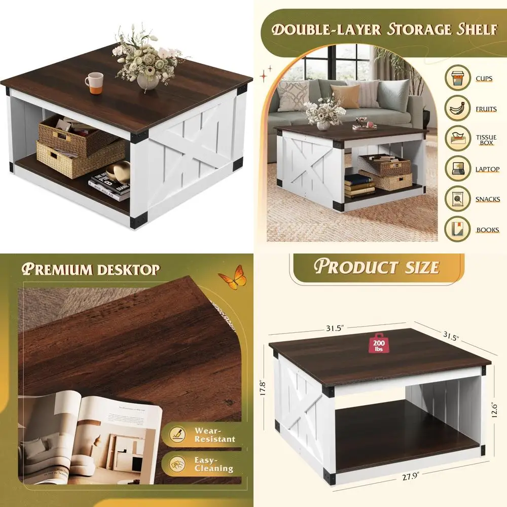 

Rustic Farmhouse Style Coffee Table with Open Storage, 31.5 Square Living Room Furniture, Dining and Cocktail Centerpiece