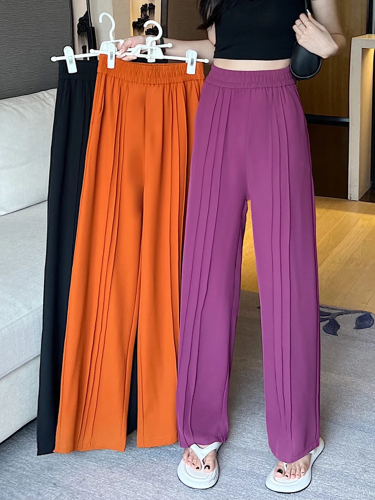 

Women Soft Comfort Chiffon Pants Summer Basic Baggy Long Wide Loose Simple Trousers High Waist Sweatpants Casual Straight Pant