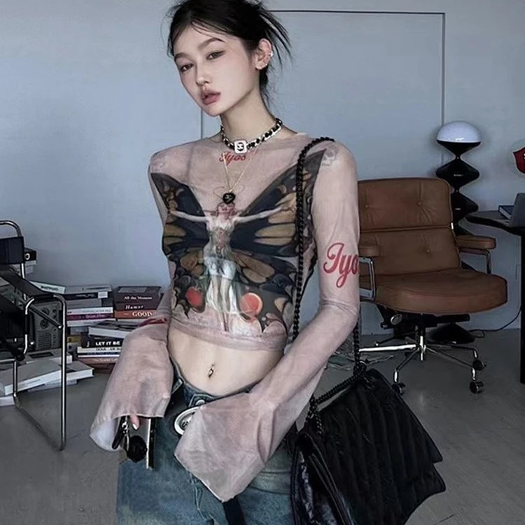 American Butterfly Print Mesh Tops Summer New Streetwear Long Sleeve T Shirt Y2K Slim V Neck Casual Bottoming Tees Mujer