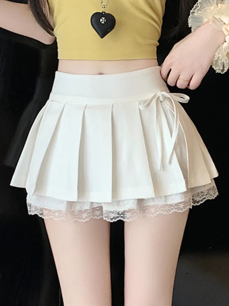 High Waist A-Line  Skirt with Lace Patchwork ort Pants Design Summer Thin Sense Split Pleated Skirt Sexy Girl f Body...