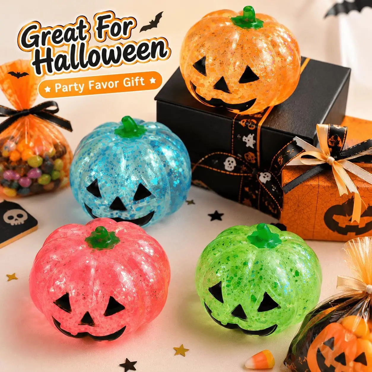Pumpkin Squishy Toys Halloween Party Favors Icebreaker Gifts Glitter Soft Slow Rising Squeeze Sensory Fidget Toys for Desk Decor