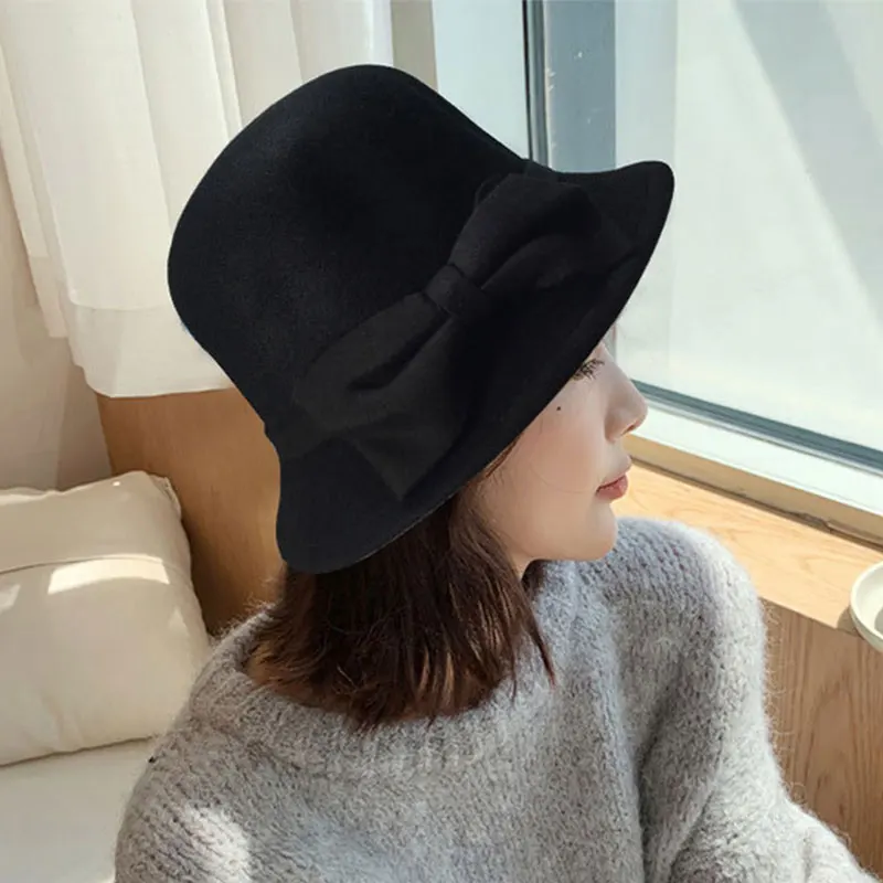 Elegant Bowknot Wool Ladies Hat Autumn Winter Fedoras Women Panama Hat Dome Felt Wedding Church Jazz Cap Female Bowler