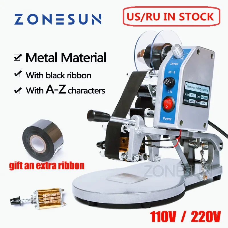 ZONESUN Manual Thermal Ribbon Date Printer Machine With A-Z Letter Hot Stamping Directly Heated Coding Machine Bags Card