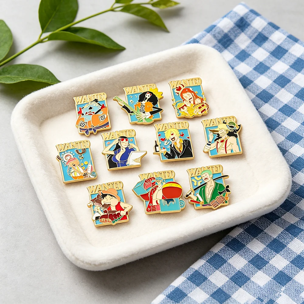 Pirate Anime Inspired Enamel Pins Wanted Poster Character Lapel Brooches, Manga Themed Metal Badges for Backpack Clothing