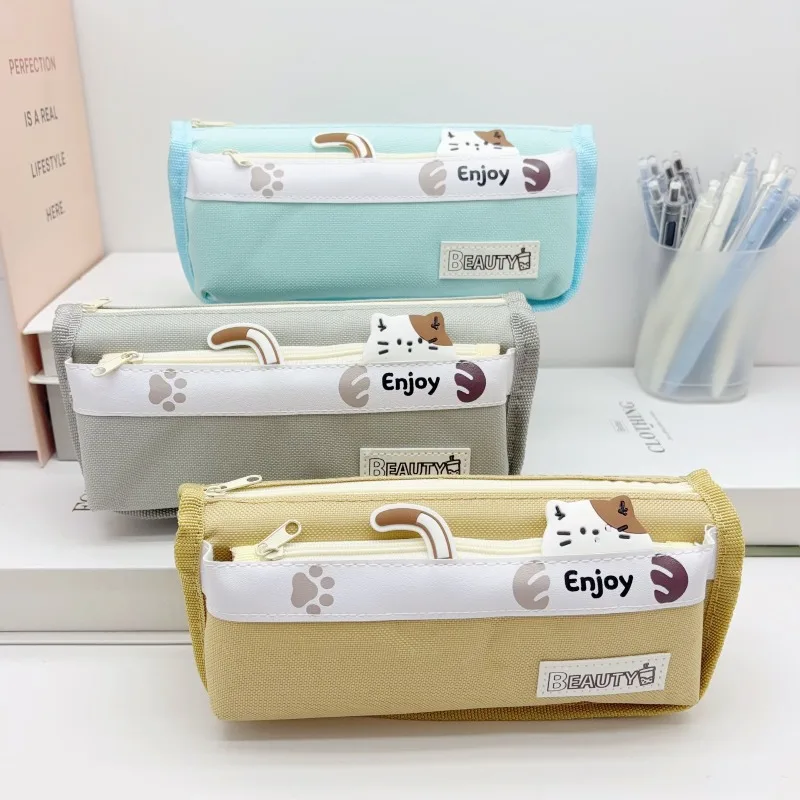 

Double Layer Pencil Case Large Capacity Casual Cute Cartoon Kitten Stationery Organizer Sweet School Supplies Bag for Students