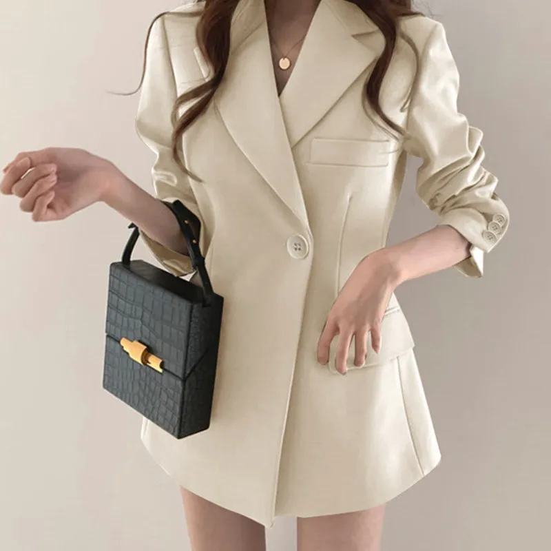 Herfst Elegant Koreaanse Lange Dames Blazer Jas Office Lady Casual Slim Pak Blazers Witte Jas Effen Werk Dames Bovenkleding 2022