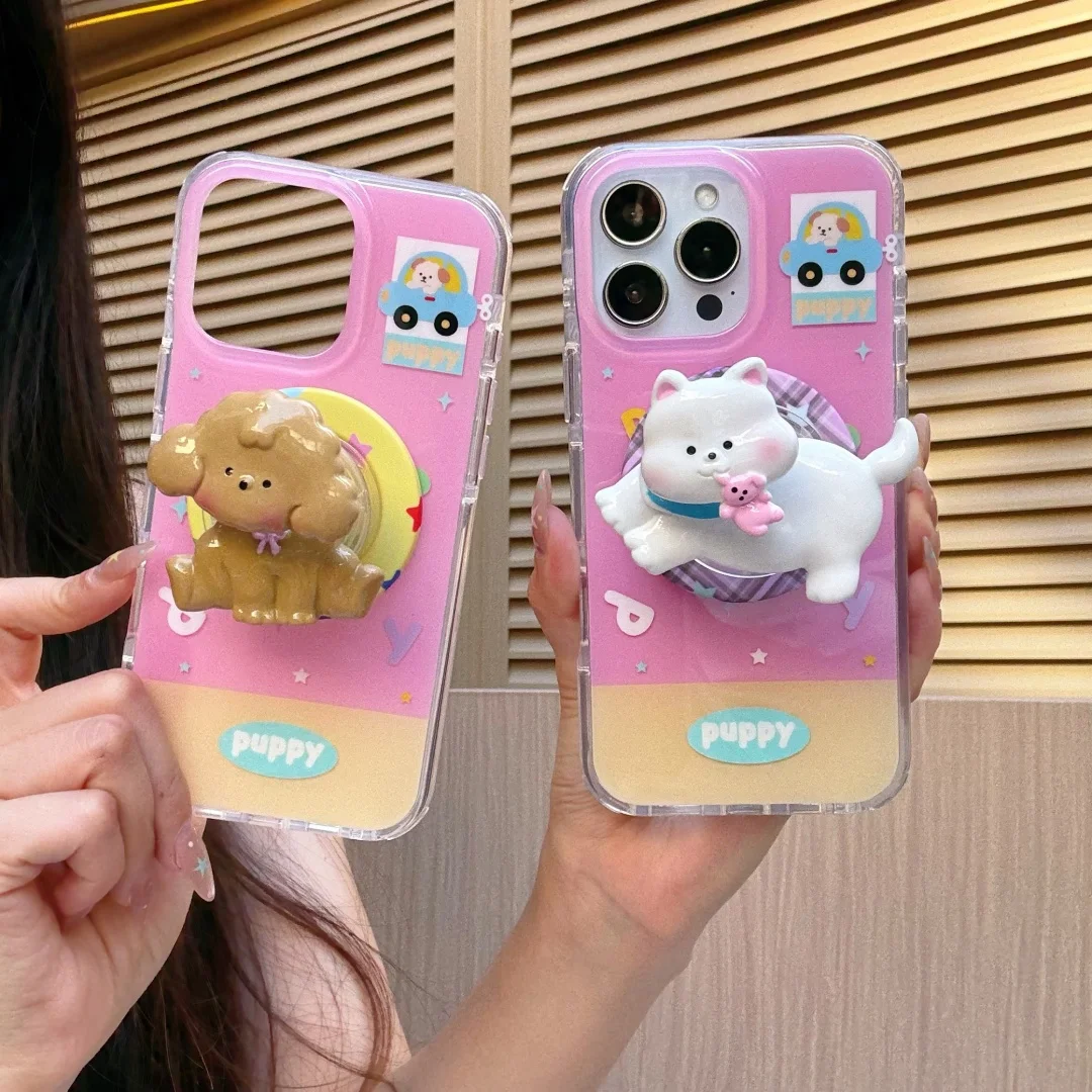 

3D Cartoon Bobblehead Spring Dog Magnetic Kickstand Phone Case for iphone 16 Promax 15 14 Back Cover