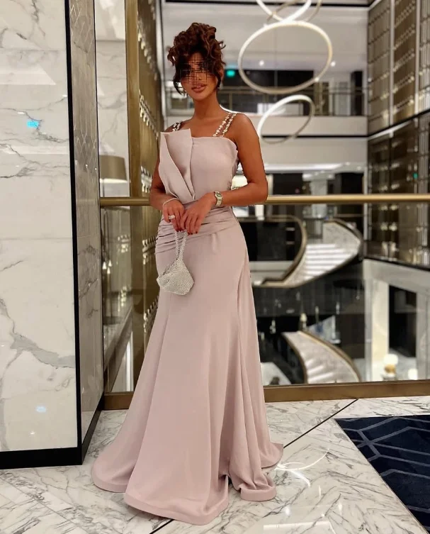 High Quality Customized Floor Length Strapless Beaded Backless Pleat Sleeveless Pink Robe Pour Mariage Invité Dress for Women