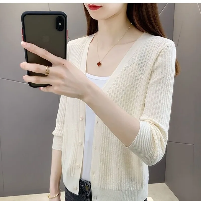 

Women Cardigan Knit Top Jacket Thin Spring Summer Ice Silk Shawl Outer Short Hundred Sunshirt Skeleton Dress for Women