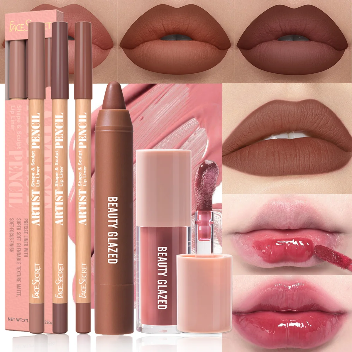 5 pezzi/set di matite per labbra in velluto opaco (confezione da 3) + rossetto + smalto per labbra nudo impermeabile a lunga durata, altamente saturo, aspetto quotidiano