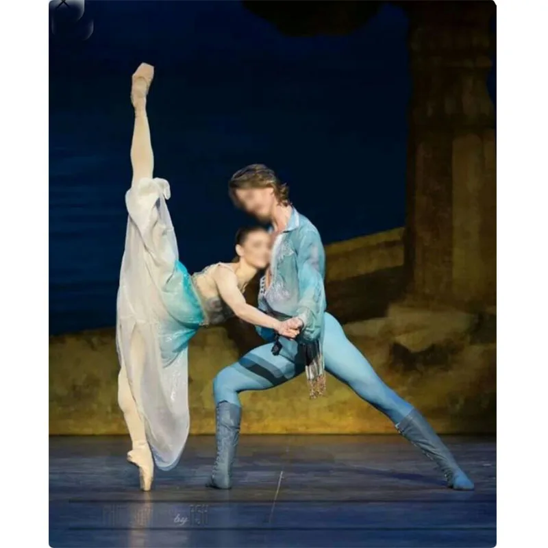 Professional Men Long Sleeves V-Deep Neck Blue Ballet Jacket Top Garment, Male Ballet Costume Ballet Tunic  Clothes