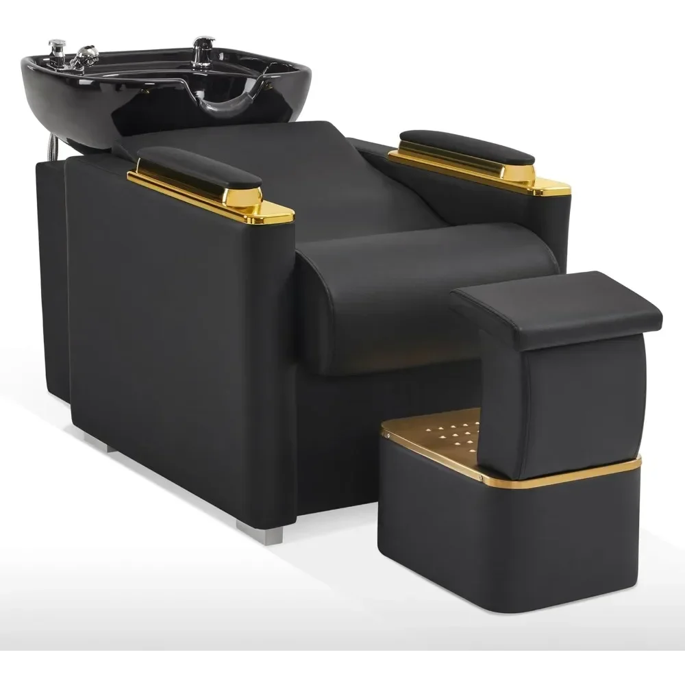 Backwash Shampoo Station Chair with Porcelain Ceramic Hair Wash Bowl, Vacuum Breaker, Professional Black&Gold Shampoo Chair