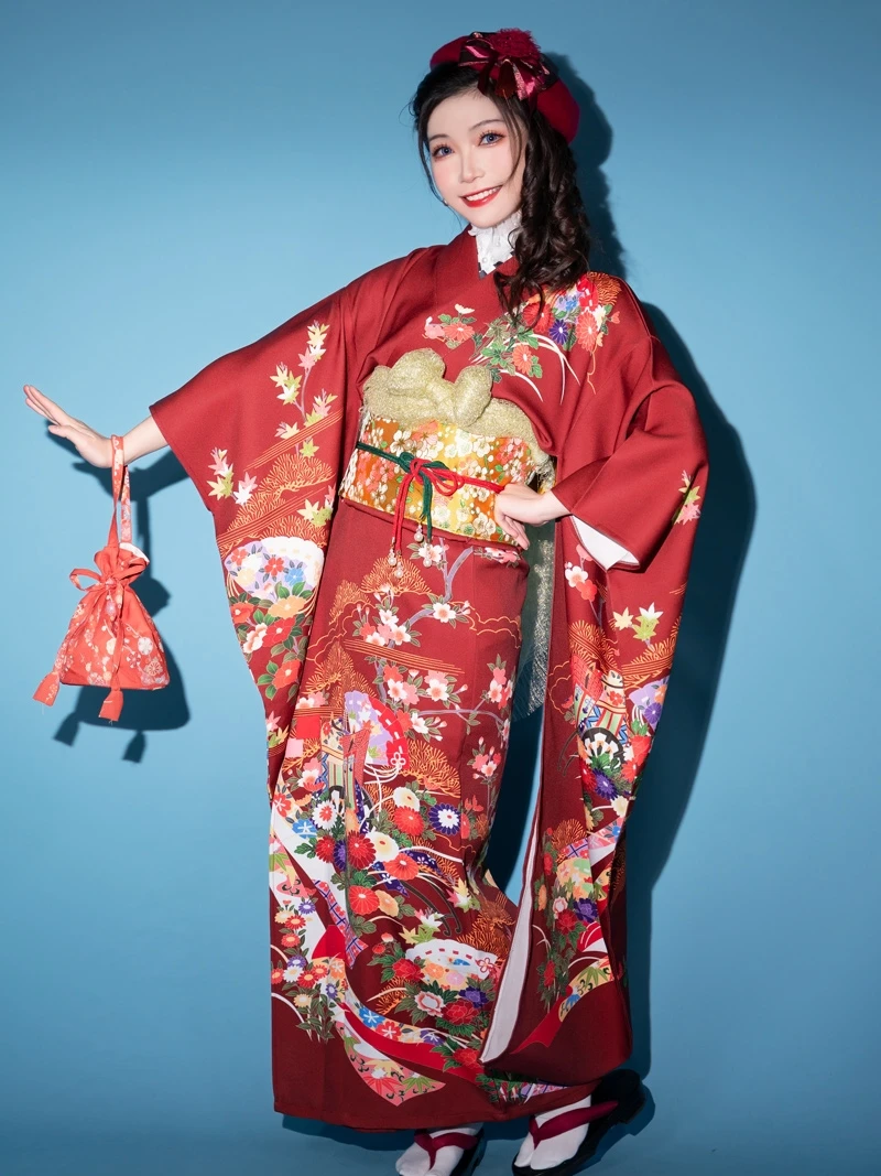 Japanese kimono with Belt formal dress vibrating sleeves traditional 160cm length clothes long suit for photo shoot