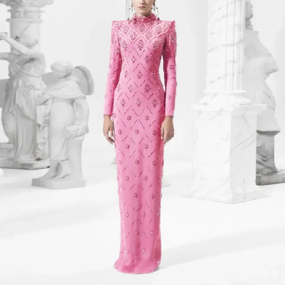 فستان سهرة نسائي شتوي 2025 مع تطريز حجر الراين، مشد، رقبة عالية، فستان طويل، Y2K جديد، فستان حفلات عالي الجودة