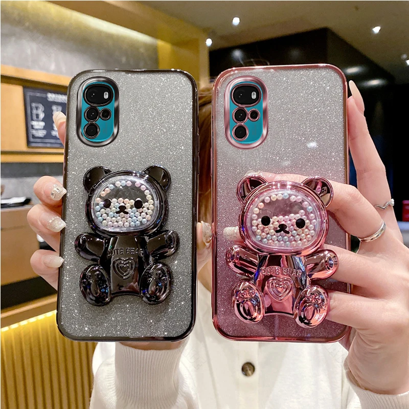 G 22 Glitter Bling Bear Silicone Phone Holder Case On For Motorola Moto G22 MotoG22 Motorola22 Girl Woman Stand Back Cover