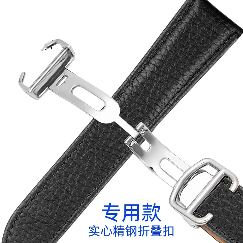 Genuine Leather Watch Strap for Cartier Tank Solo London Watch Band Men\'s Women\'s Folding Buckle Tank Series Watchband Black