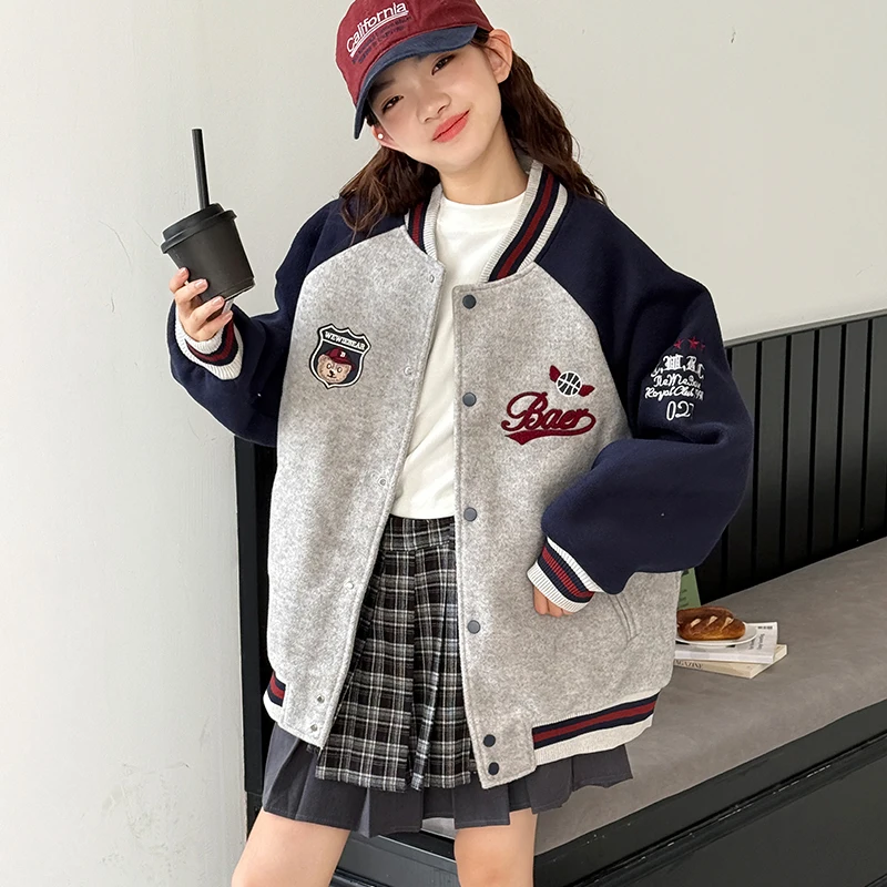 

Girls' baseball jersey 2025 winter outfit new children's thick cotton wool jacket loose embroidered top for girls and adults
