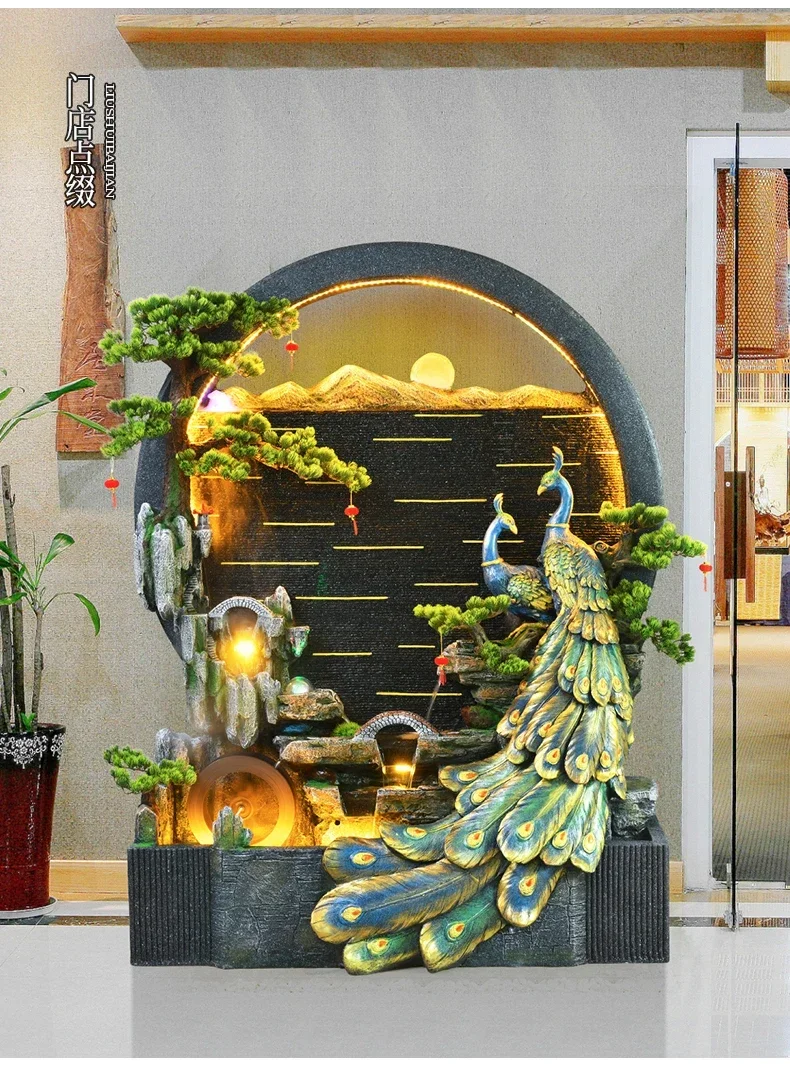 A48 Large peacock flowing water wall water curtain landscape floor ornament hotel office decoration