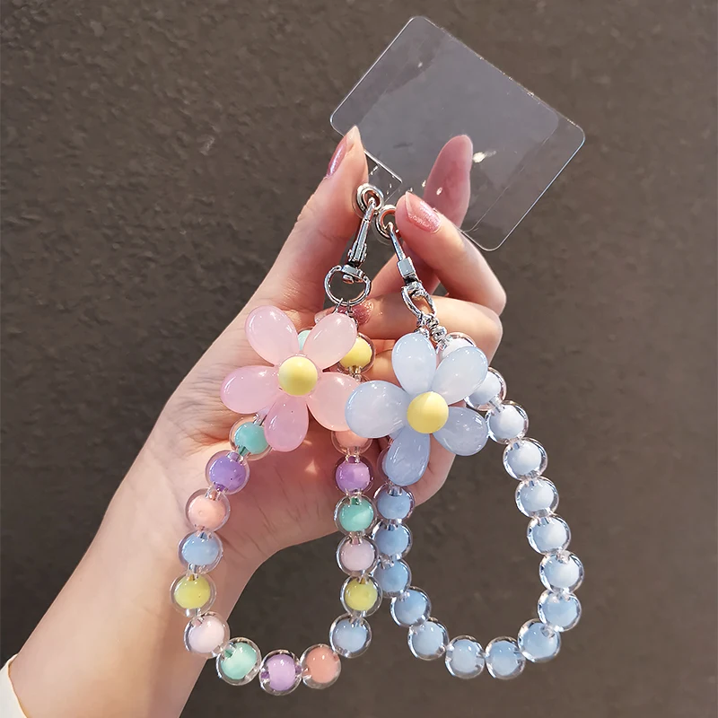 Colored Bead Petal Lanyard for iPhone Samsung Anti-Lost Bracelet for Mobile Phone Case Wrist Strap Car Keychain Cute Phone Charm