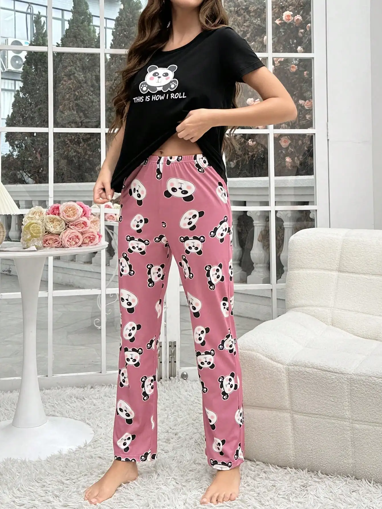 2-teiliges Damen-Pyjama-Set mit kurzärmeligen Hosen mit Animal-Print – Detail 1