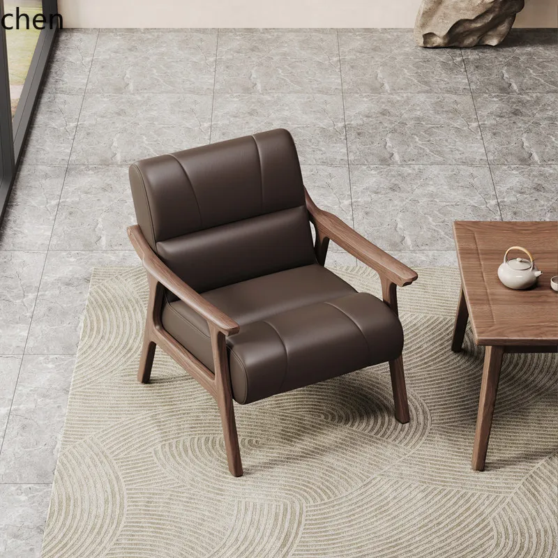 CZ Genuine Leather Leisure Chair Solid Wood Vintage Single Sofa Tea Room Reading Chair