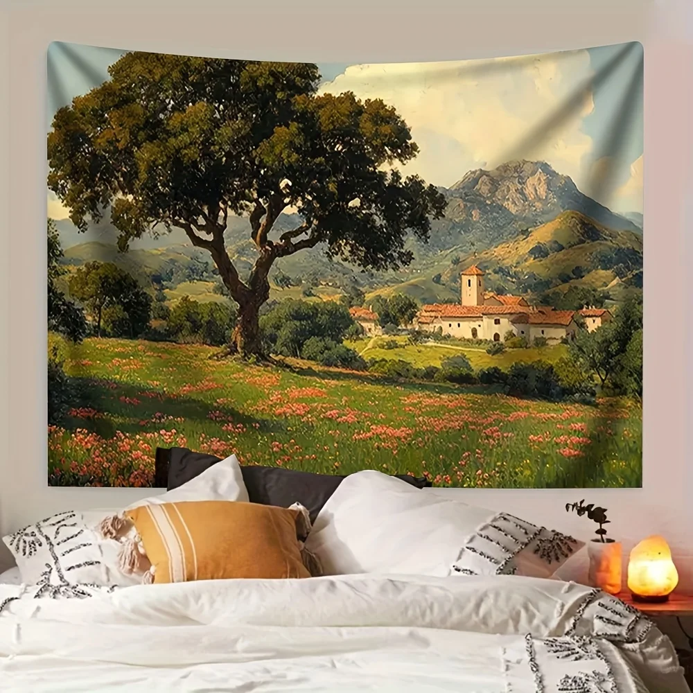 Rustic Landscape Tapestry Italian Tuscan Village Wall Hanging Nature Decor Mediterranean Art Prints Large Size 180x280cm