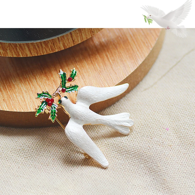 Fashion Enamel Peace Dove Brooch For Women Men Exquisite Rhinestone Leaves Bird Brooch Pin Casual Office Jewelry Birthday Gift