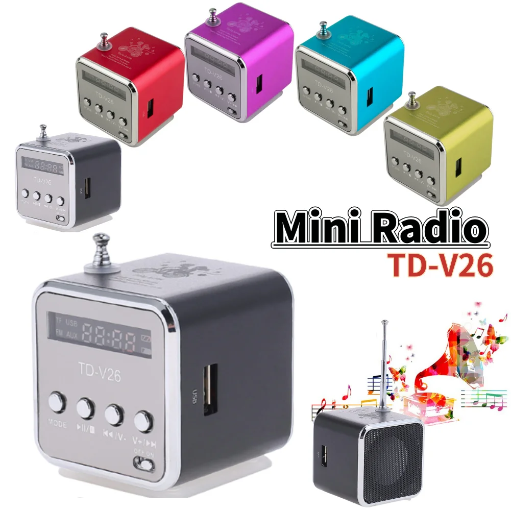 TD-V26 Mini Radio FM Digital Portable 1.0 inch LCD Screen Bluetooth 5.0 Rrdio Speakers with FM Radio Receiver Support TF Card