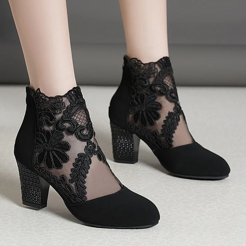 2023 New Fashion Women High Heels Lace Flower Ankle Strap Hollow Out Sandals Round Toe Zip Pumps Zapatos De Mujer