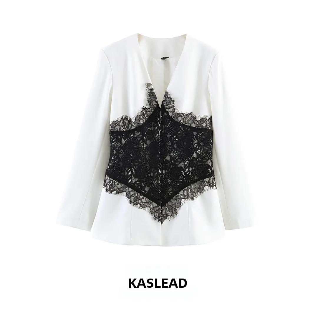 

KASLEAD New Women's Fashionable Minimalist Lace Patchwork Suit Jacket Elegant Zipper Closure Long Sleeve Polyester Fiber