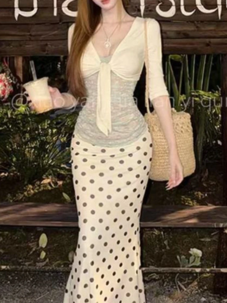 Japanese Vintage 3-piece Set Women Slim Lace Cami Top + Cropped Cardigan +  Polka Dot Midi Skirt Summer New Casual Sweet Clothes view 3