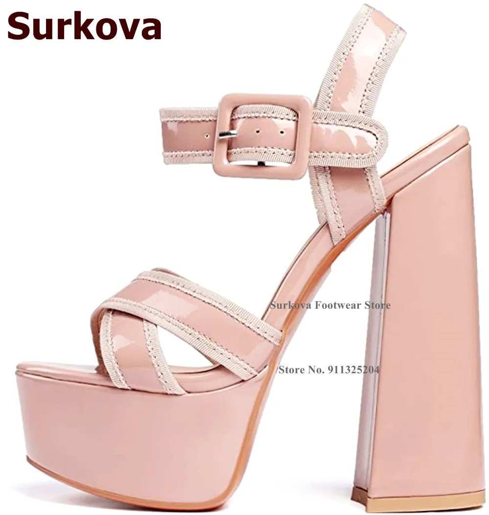 

Surkova 15cm Chunky High Heel Patent Leather Platform Sandals Cross Strap Buckle Wedding Shoes Nude Black Red Leopard Size46