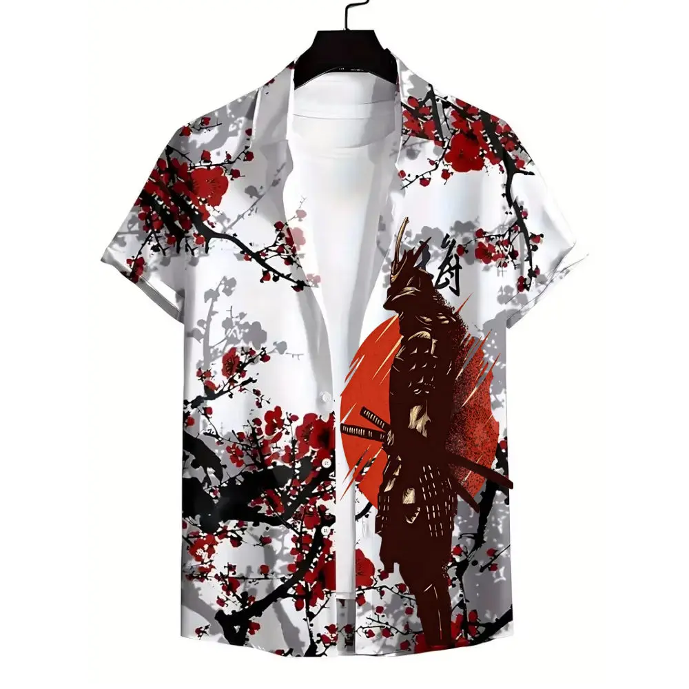 

Японская самурайская гавайская рубашка с цветочным 3d принтом Рубашка для мужчин и женщин Модные повседневные рубашки с коротким рукавом на пуговицах Мужская блузка Camisas Новинка