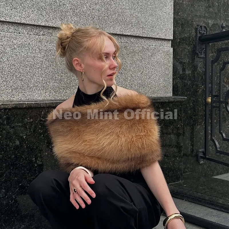 Neo Mint 2025 ماركة الموضة فو الفراء وشاح للمرأة الخريف الشتاء رقيق مخطط صديقة للبيئة الثعلب الفراء منديل الأوشحة شال فاخرة