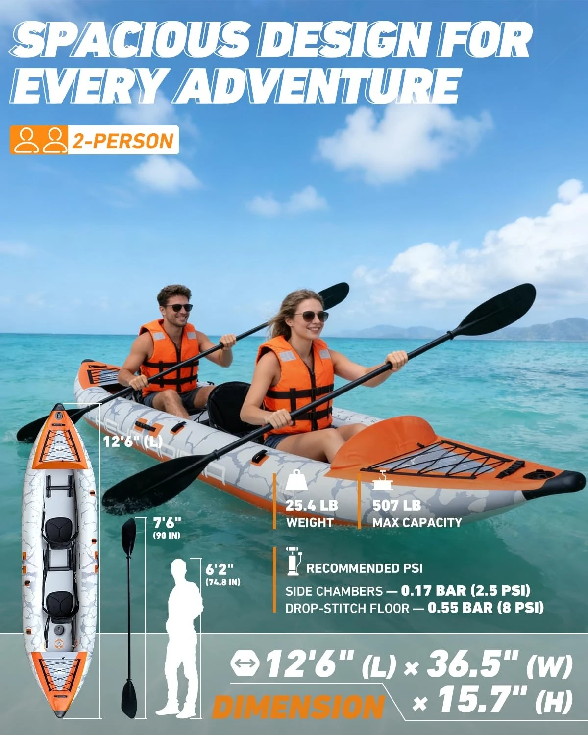 2 Person Inflatable Kayak Tandem Fishing Kayak for Adults, Portable Touring Kayak Canoe with Dual Floats,, Customized